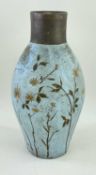 EWENNY POTTERY BALUSTER VASE, the body in blue ground with scraffito and gilded flower stems and