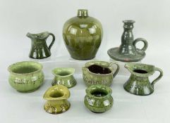 GROUP OF EWENNY POTTERY IN GREEN GLAZE includes olive green bottle vase, candlestick, small jugs etc