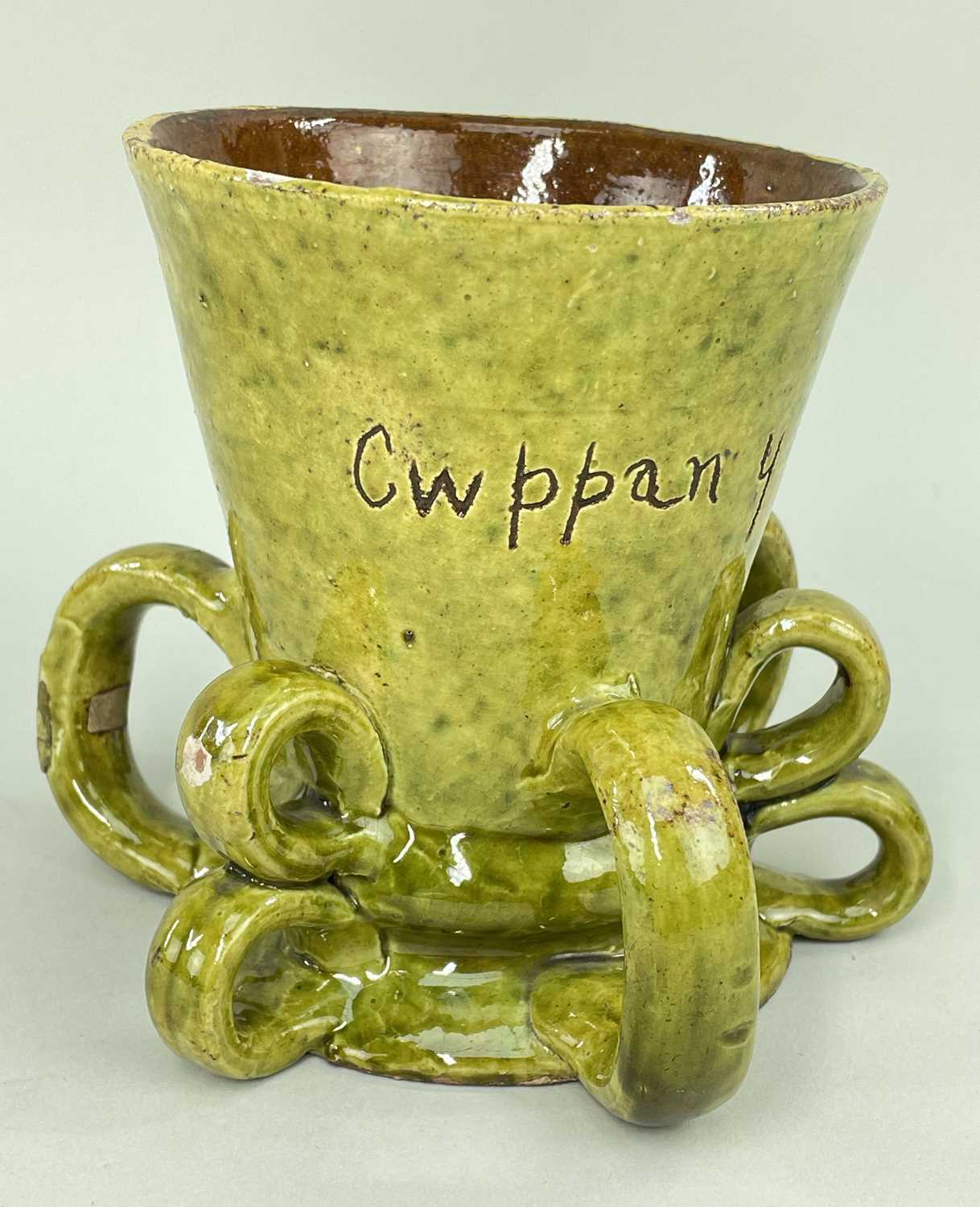 EWENNY POTTERY TYG in green glaze, and having three double loop handles and three single loop - Image 3 of 14