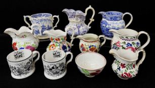 GROUP OF WELSH POTTERY JUGS & MUGS, including Swansea blue and white transfer 'Drover' jug, Llanelly
