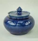 EWENNY POTTERY TOBACCO JAR & LID in blue glaze, sgraffito inscribed 'George Sibbering Jones' (a