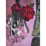 BRYN RICHARDS (b.1922) oil on board - still-life of roses and glasses, unsigned, 30 x 21.5cms