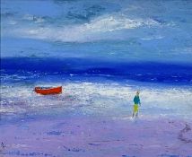 ‡ PETER JOHN JONES (contemporary) acrylic on board - entitled verso 'Red Boat and Beachwalker',