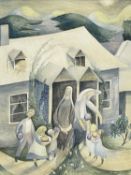 ‡ JEAN YOUNG (British, 1914-1995) mixed media - figures outside house with offerings, titled