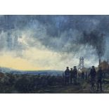 BRITISH SCHOOL oil on board - miners at twilight with smoking chimneys and winding gear, unsigned,