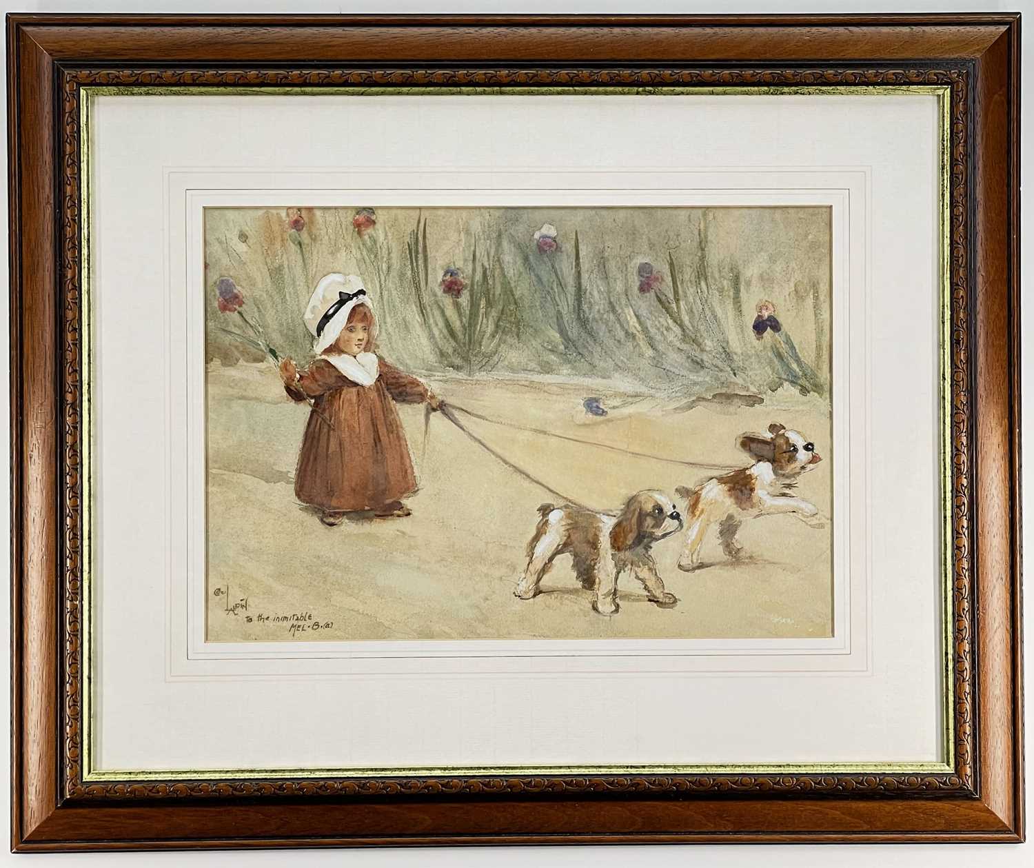 CECIL ALDIN (1870-1935) watercolour - infant in bonnet with puppies and irises, signed and - Image 2 of 2