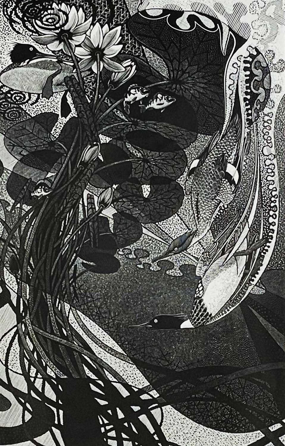 ‡ COLIN SEE-PAYNTON (b.1946) limited edition (38/150) wood engraving - 'Mergansers Among Lilies',