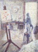 ‡ DIANA MARSDEN (b.1943) oil on board - interior scene with figure and painting on easel, signed, 46