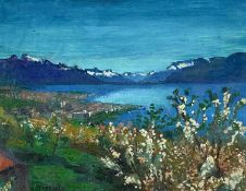 ‡ R. RUSSELL oil on board - continental lake scene with blossom, signed, 38 x 49cms Provenance: