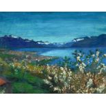‡ R. RUSSELL oil on board - continental lake scene with blossom, signed, 38 x 49cms Provenance:
