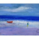 PETER JOHN JONES (contemporary) acrylic on board - entitled verso 'Red Boat and Beachwalker', signed