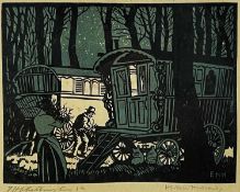 ‡ ERIC HESKETH HUBBARD (British, 1892-1957) woodblock print - figures and two Romany caravans,