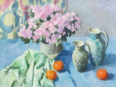 BRYN RICHARDS (b.1922) oil on canvas - still-life of flowers, jugs and fruit, 57 x 64cms Provenance: