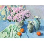 BRYN RICHARDS (b.1922) oil on canvas - still-life of flowers, jugs and fruit, 57 x 64cms Provenance: