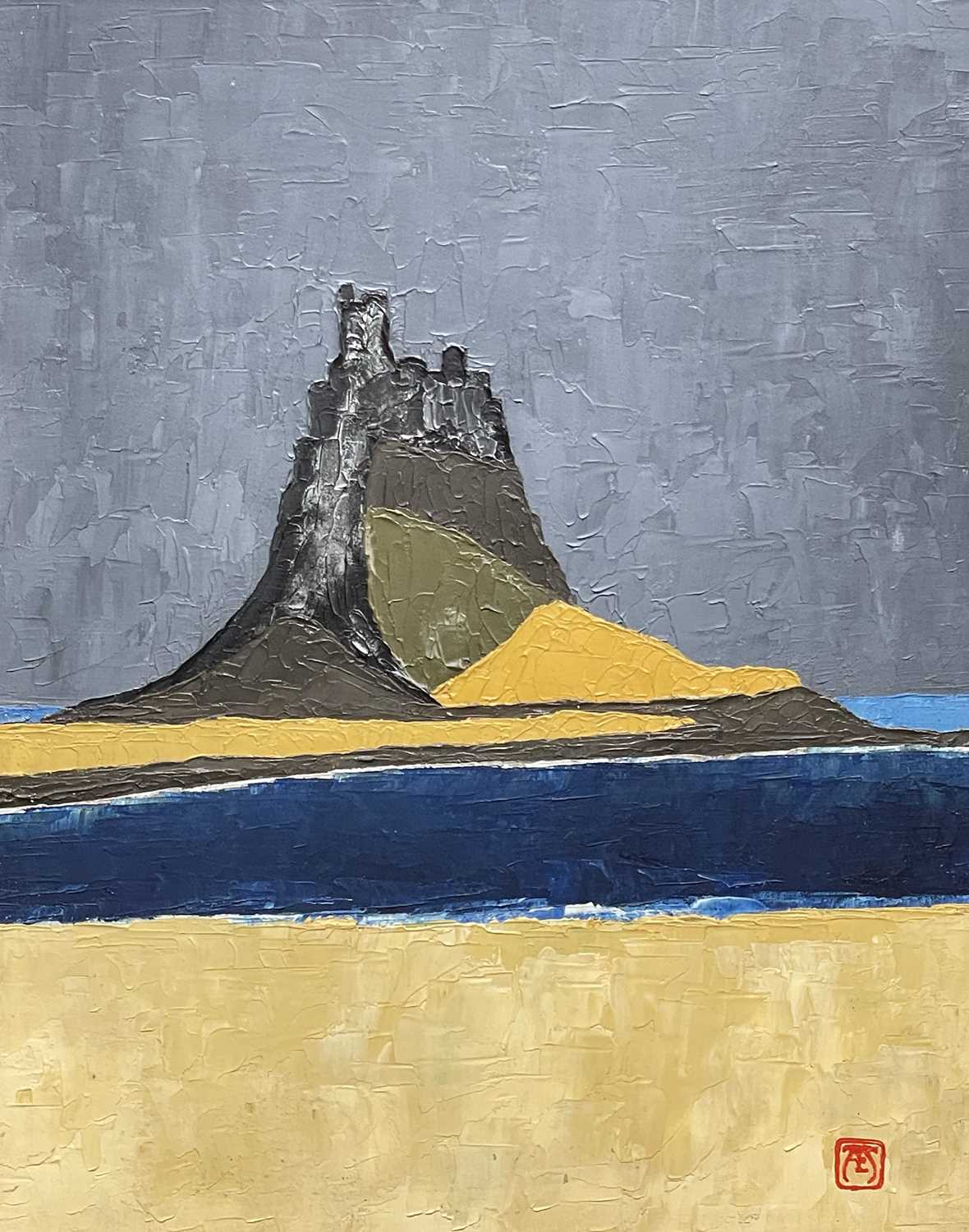 ‡ TOM JONES RCA (1936-2017) oil on board - titled verso 'Lindisfarne', monogrammed, 34 x