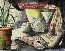 ‡ JOHN LAWRENCE (b.1933) mixed media - still life of shells, wine glass and plant, signed and