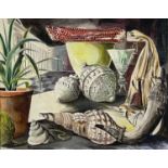 ‡ JOHN LAWRENCE (b.1933) mixed media - still life of shells, wine glass and plant, signed and
