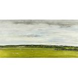 BRITISH SCHOOL oil on board - landscape with grazing sheep and distant houses, unsigned, 40 x