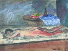 ‡ ROBIN PEARCE oil on board - interior with reclining nude, signed and dated 1944, 25 x 32cms