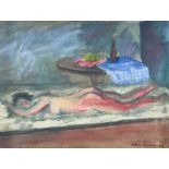‡ ROBIN PEARCE oil on board - interior with reclining nude, signed and dated 1944, 25 x 32cms