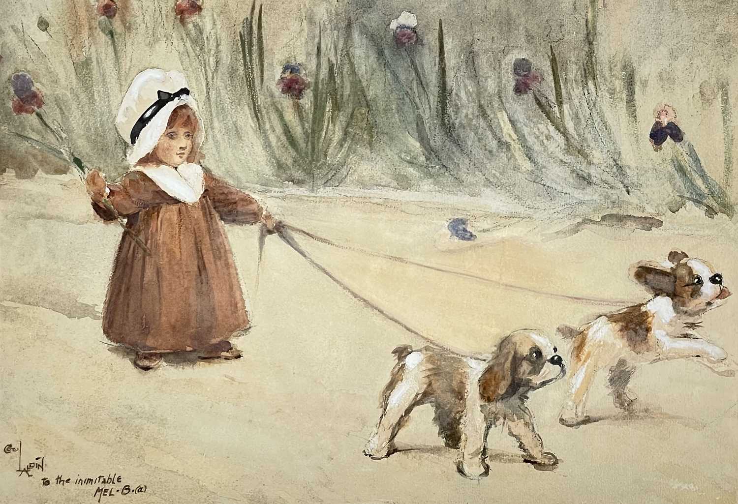 CECIL ALDIN (1870-1935) watercolour - infant in bonnet with puppies and irises, signed and