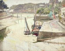 FRANK LEWIS EMANUEL (1865-1948) oil on board - fishing boats at low tide, signed, inscribed