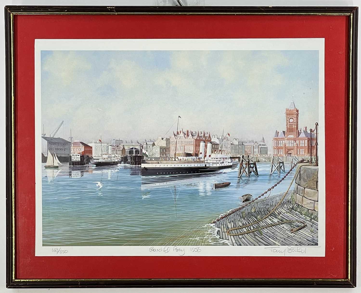TONY BUTLER (?) limited edition (623/850) colour print - paddle steamer 'Cardiff Queen', leaving - Image 3 of 3