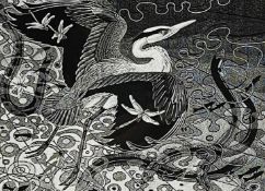 ‡ COLIN SEE-PAYNTON (b.1946) limited edition (124/200) wood engraving - 'Grey Heron & Eel', signed