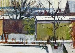 ‡ ROBERT PELL (b.1928) mixed media - garden and buildings under snow, signed, framed and glazed,