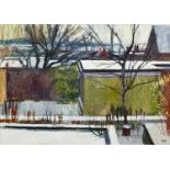 ‡ ROBERT PELL (b.1928) mixed media - garden and buildings under snow, signed, framed and glazed,