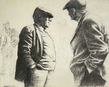 ‡ ANEURIN JONES (1930-2017) print - farmers talking wth hands in pockets, framed and glazed,