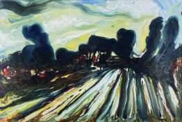 JOHN ALVARO CALDAS (1934-2006) oil on paper - farmscape with cottages, signed, 50 x 75cms