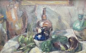 ‡ CYRIL MANN (British, 1911-1980) oil on canvas - still life of fruit, vegetables and flagons,
