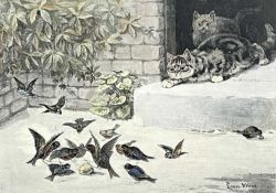 LOUIS WAIN (1860-1939) coloured engraving - cats and garden birds, framed and glazed, 23 x 30cms