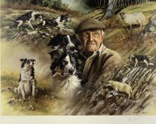 MICK CAWSTON fine coloured limited edition (771/850) print - farmer with six sheepdogs and sheep