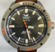 VOSTOK EUROPE ALMAZ SPACE STATION WRISTWATCH - with leather strap, in presentation box with spare