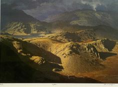 DAVID WOODFORD coloured limited edition (43/850) print - landscape of Llyn Llydaw, signed and