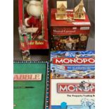 BOARD GAMES, CHRISTMAS ORNAMENTS, Galileo glass thermometer, games to include two sets of