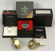QUARTZ LADY'S & GENT'S FASHION WATCHES (3) and a Swarovski crystal and gold tone pendant necklace,