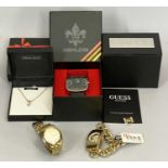 QUARTZ LADY'S & GENT'S FASHION WATCHES (3) and a Swarovski crystal and gold tone pendant necklace,