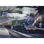 IFOR PRITCHARD large coloured print - Great Western Locomotive No 7029 at a station with figures