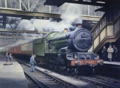 IFOR PRITCHARD large coloured print - Great Western Locomotive No 7029 at a station with figures