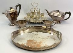 ART DECO EPNS 4 PIECE TEA SERVICE, non-associated gallery tray and a good six egg cup stand with