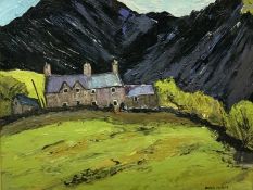 OWEN MEILIR oil on canvas - mountain cottages, signed in full, 39 x 49cms
