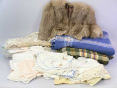VINTAGE LINEN, two blankets and a fur wrap