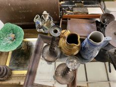 CASED SINGER SEWING MACHINE, vintage oak framed mirrors, twist candlesticks, old scales, workbox, an