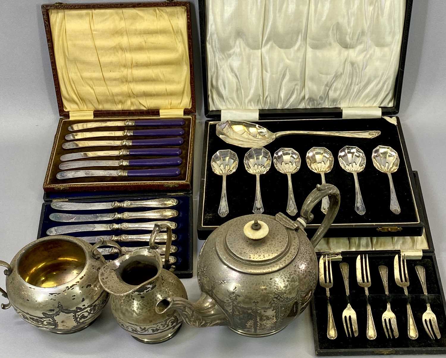 THREE PIECE TEA SERVICE, cased cutlery sets, ETC