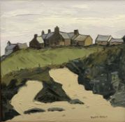 OWEN MEILIR oil on canvas - hilltop cottages with path in the foreground, signed in full, 38 x