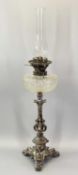 VICTORIAN SILVER PLATED OIL LAMP - with hobnail pattern cut glass font, the well-cast column
