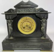 SLATE MANTEL CLOCK - with steeple top, brass dial and maiden pillars, 33 x 33 x 16cms